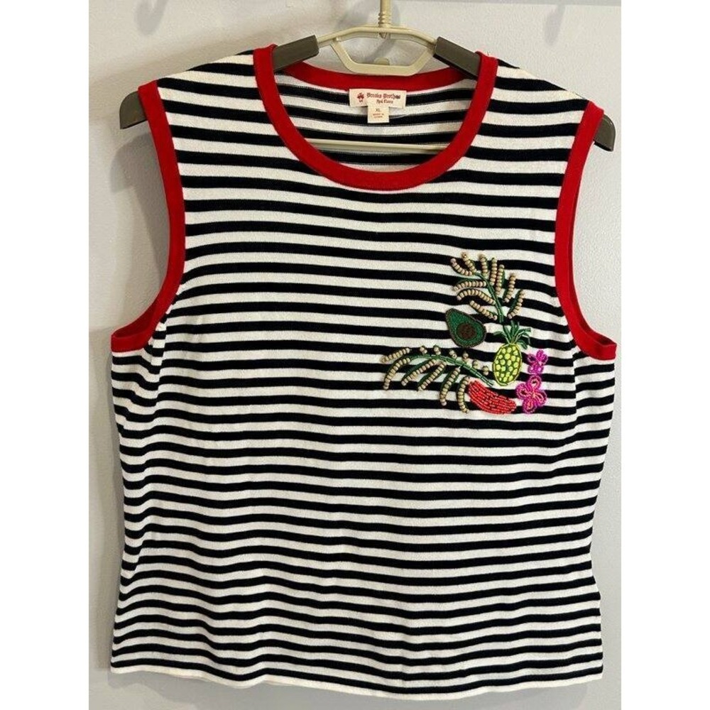 Brooks Brothers Red Fleece Knit Tank Shell Striped Trim Beaded Fruit Leaf XL